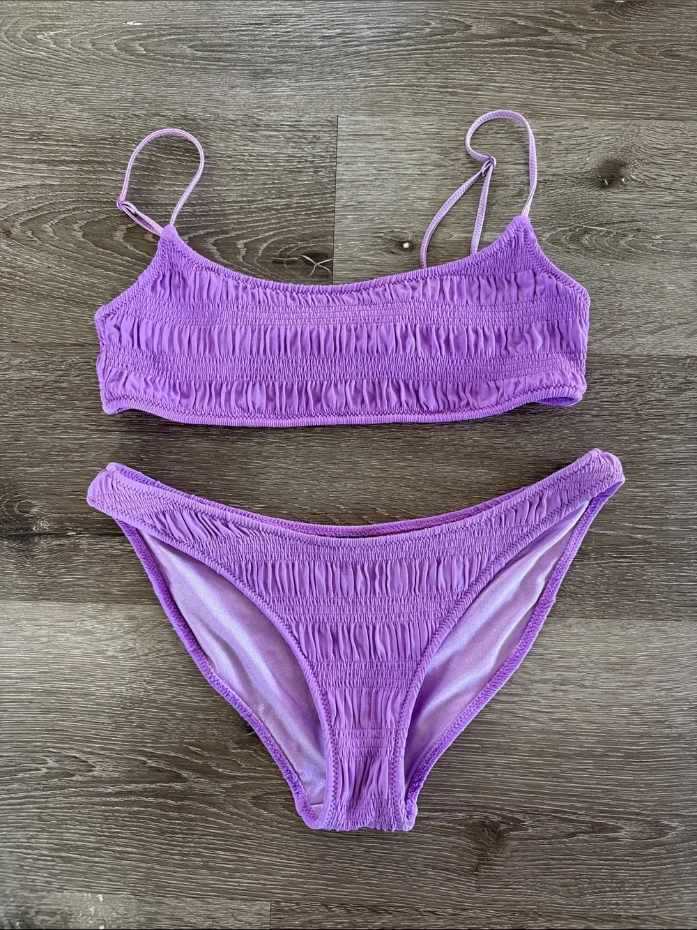 Triangl Swimwear Mica Scorch Bikini Swimsuit Set Purple Crinkle Smocked, S/M